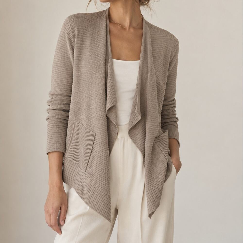 Luisa Cerano Wool Silk Cashmere Draped Cardigan Sweater Women’s 8 / 40 Taupe